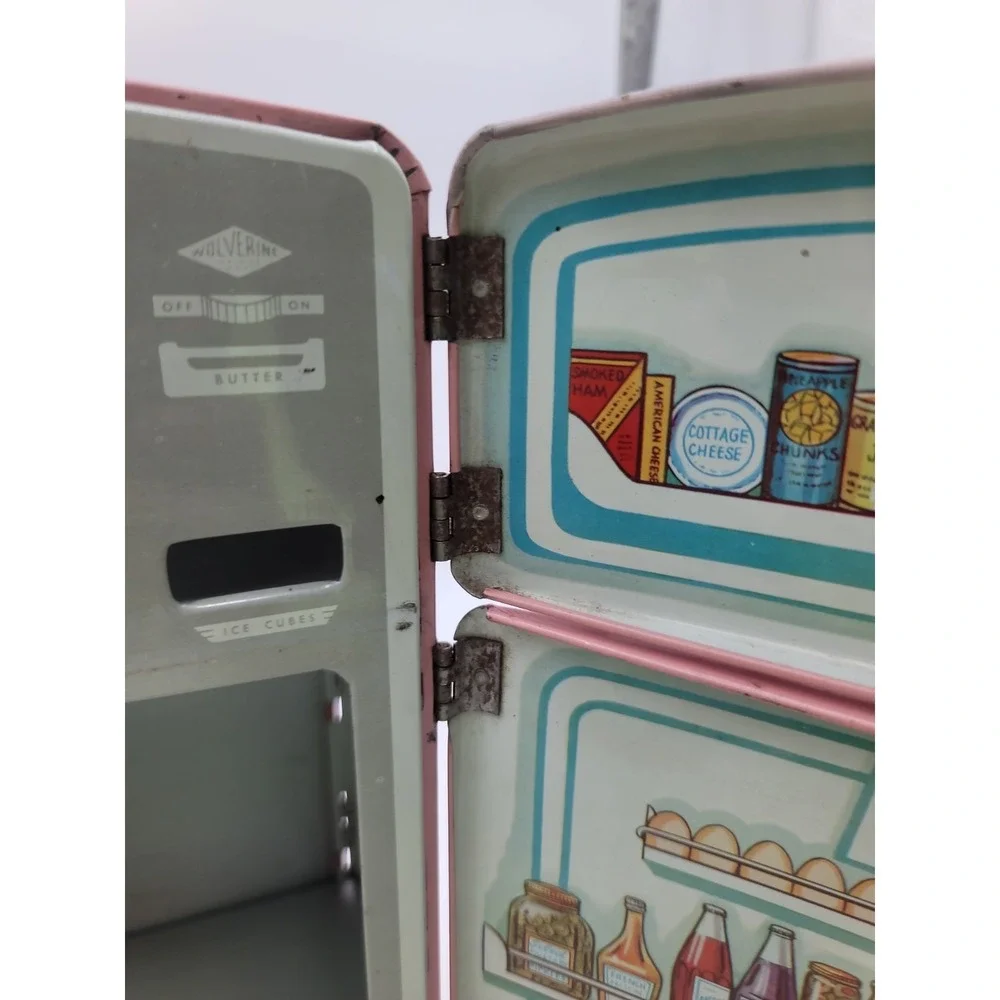 VTG Wolverine Pink Tin Metal Toy Child's Play Playset Kitchen Refrigerator‎